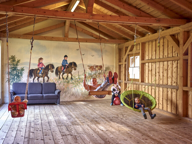 Auf dem Familienhof Süßhof schaukeln mehrere fröhliche Kinder und genießen das Spielen im Freien.